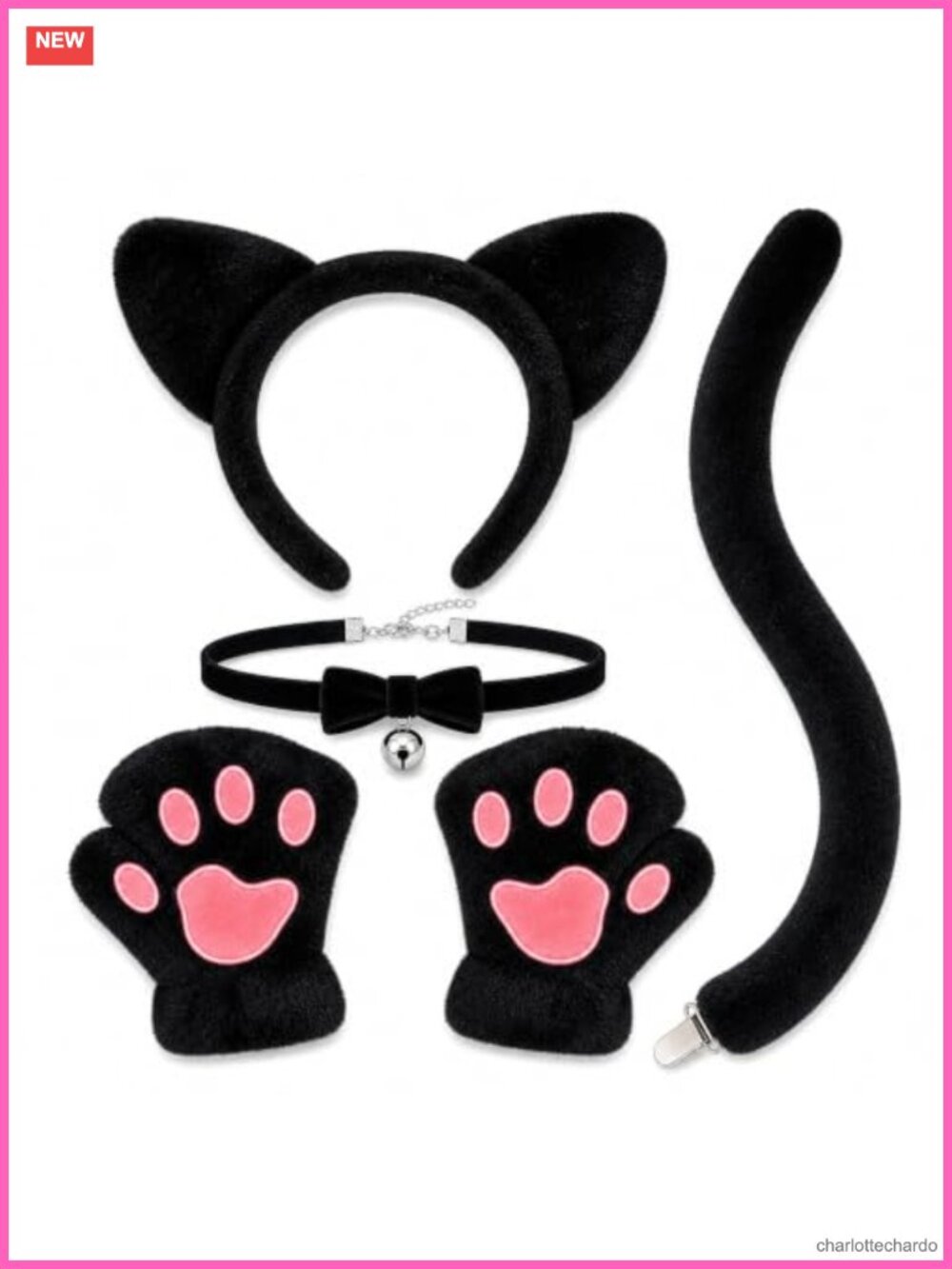 5-Piece Cat Costume Accessory Set Plush Ears Headband Tail Paw Gloves Collar